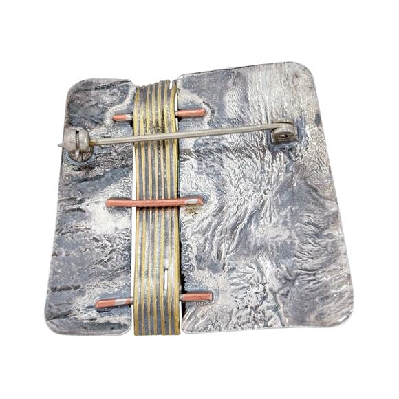 Artisan Sterling Silver 925 Mid Century Modern Mixed Metal Garnet Pin Brooch - Picture 4 of 6